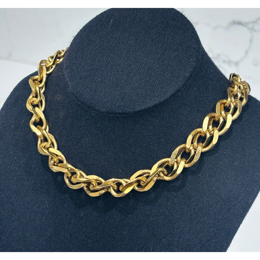 Vintage Chunky Gold Tone Double Curb Link Chain Necklace Choker Collar Heavy 17"
